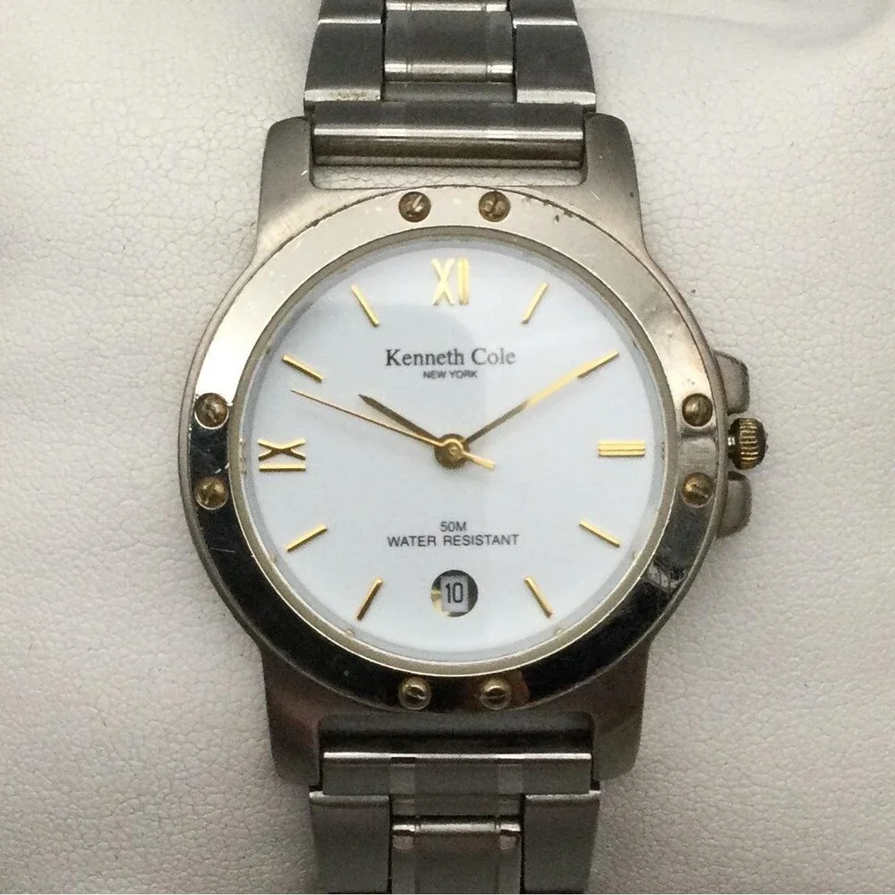 Kenneth Cole Mens Watch 38mm White Dial Steel Date 50M KC0302 New Battery 8